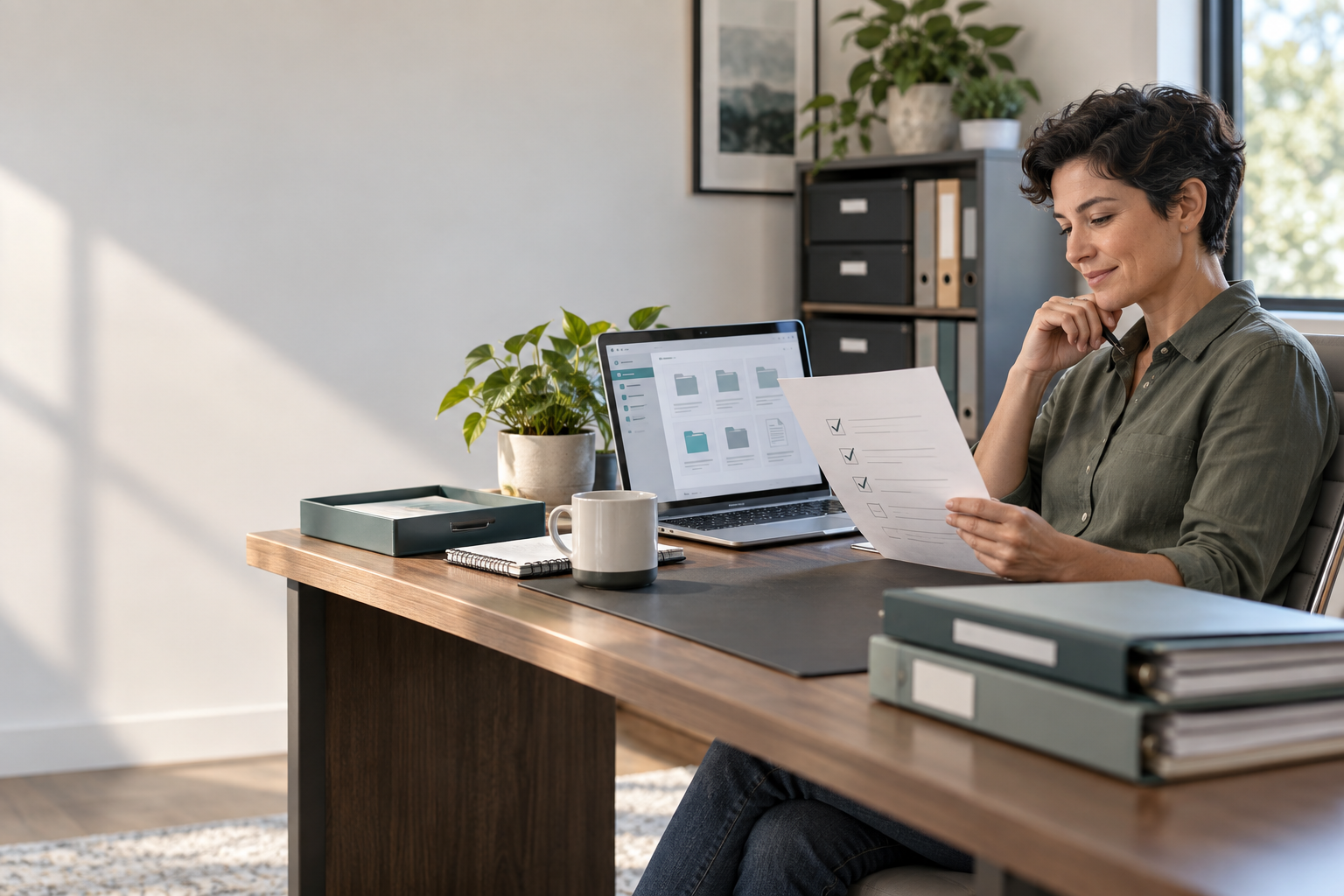 A professional calmly reviewing an organized document workspace