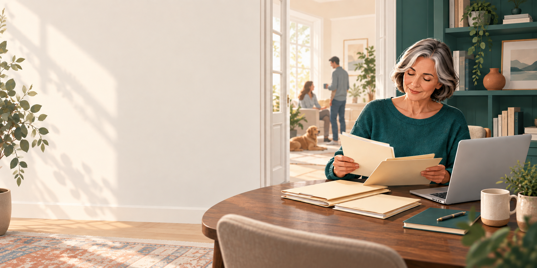 Personal records being organized in a calm home workspace